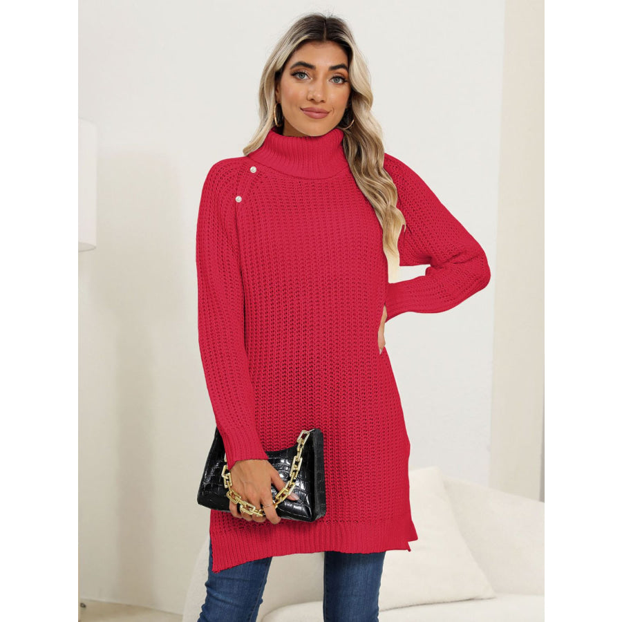 Slit Turtleneck Long Sleeve Sweater Apparel and Accessories