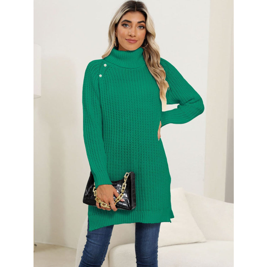 Slit Turtleneck Long Sleeve Sweater Apparel and Accessories