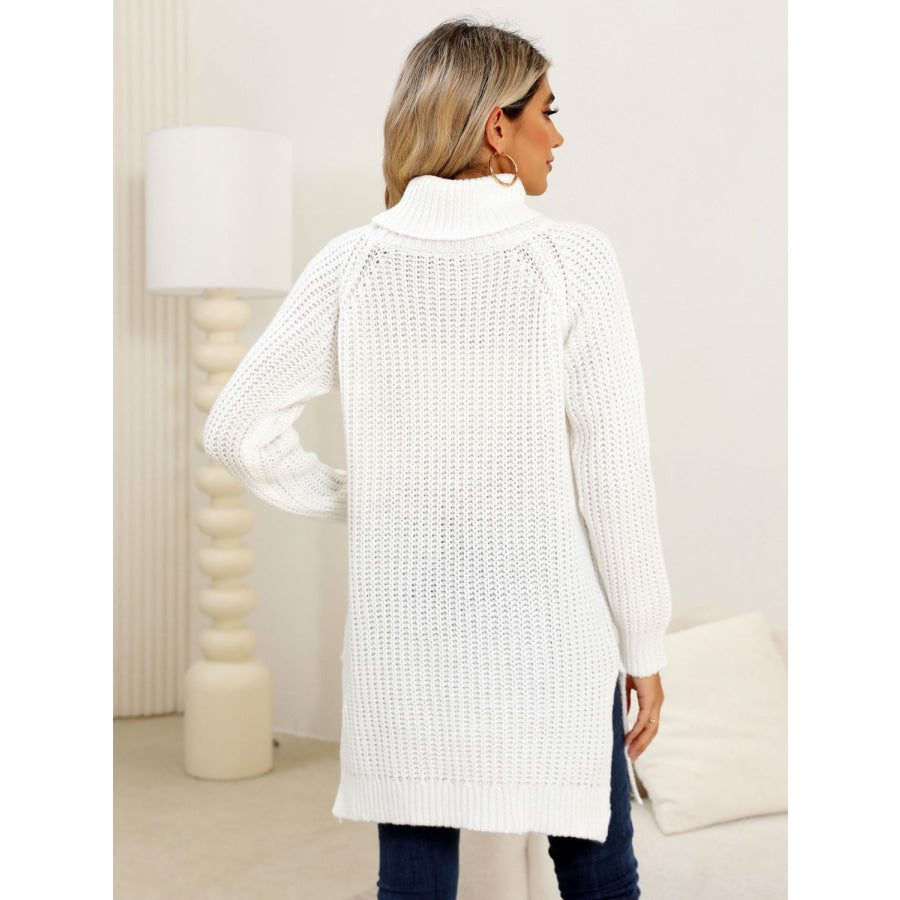 Slit Turtleneck Long Sleeve Sweater Apparel and Accessories