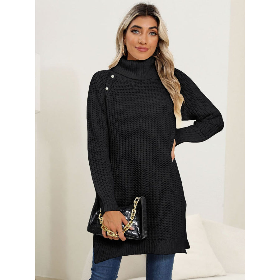 Slit Turtleneck Long Sleeve Sweater Apparel and Accessories