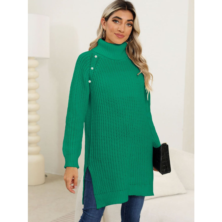 Slit Turtleneck Long Sleeve Sweater Apparel and Accessories