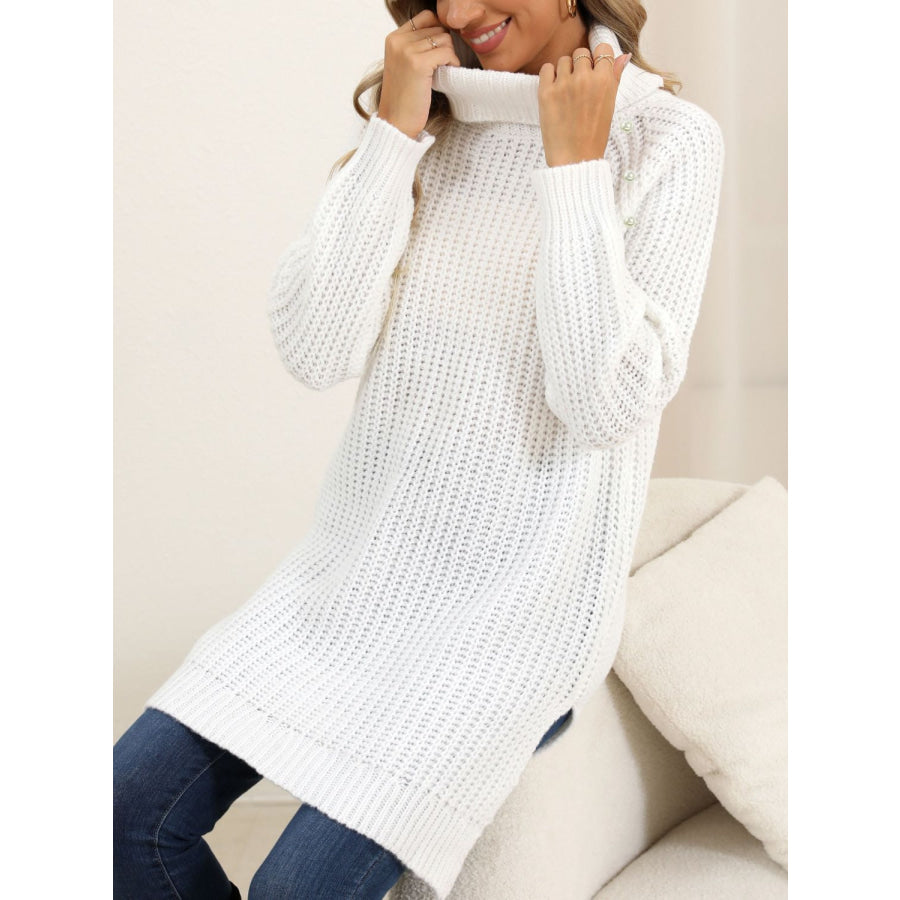 Slit Turtleneck Long Sleeve Sweater Apparel and Accessories