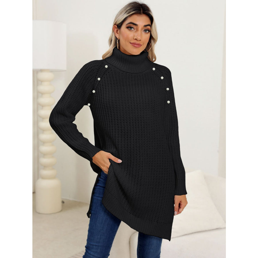 Slit Turtleneck Long Sleeve Sweater Apparel and Accessories