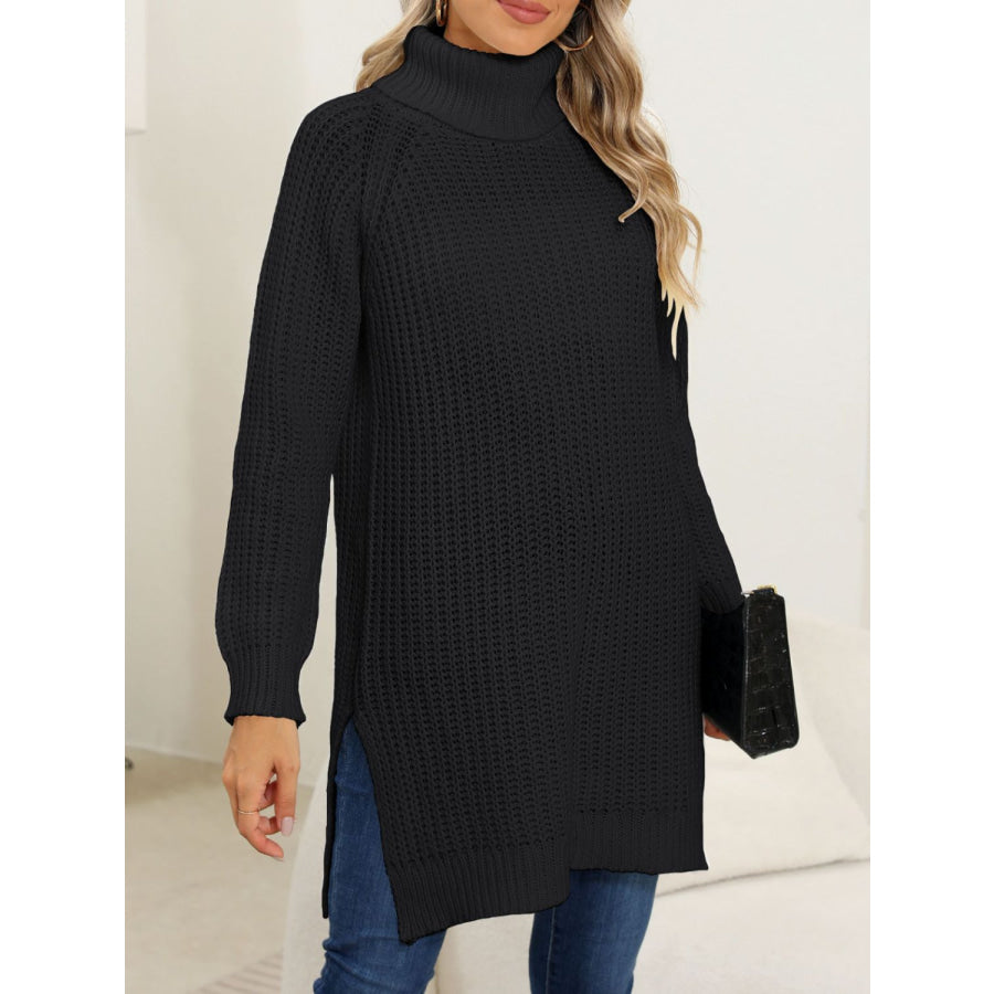 Slit Turtleneck Long Sleeve Sweater Apparel and Accessories