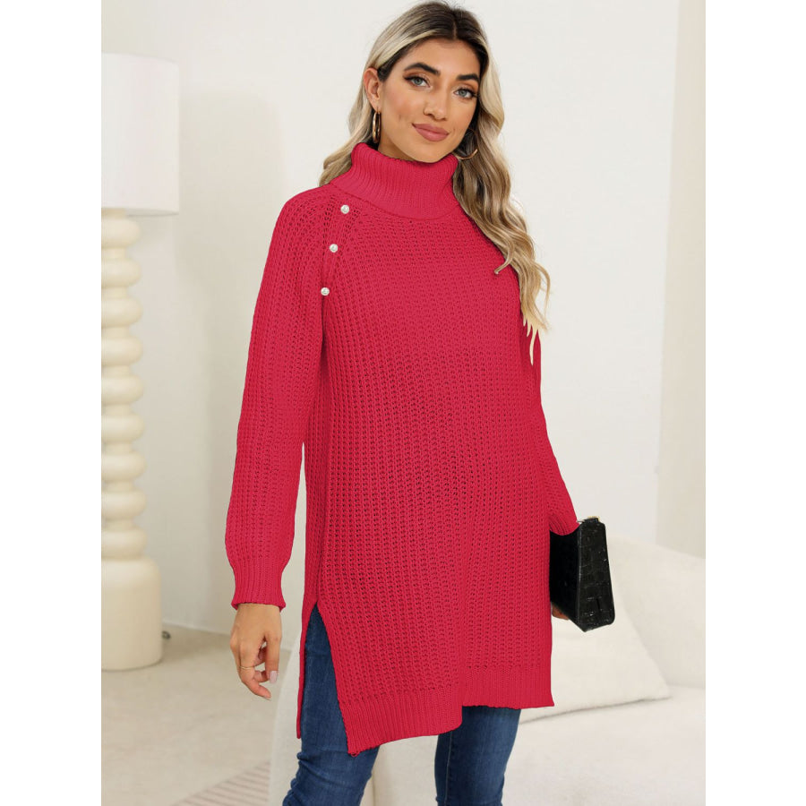 Slit Turtleneck Long Sleeve Sweater Apparel and Accessories