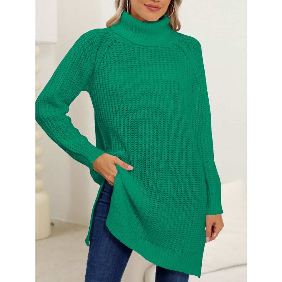 Slit Turtleneck Long Sleeve Sweater Apparel and Accessories