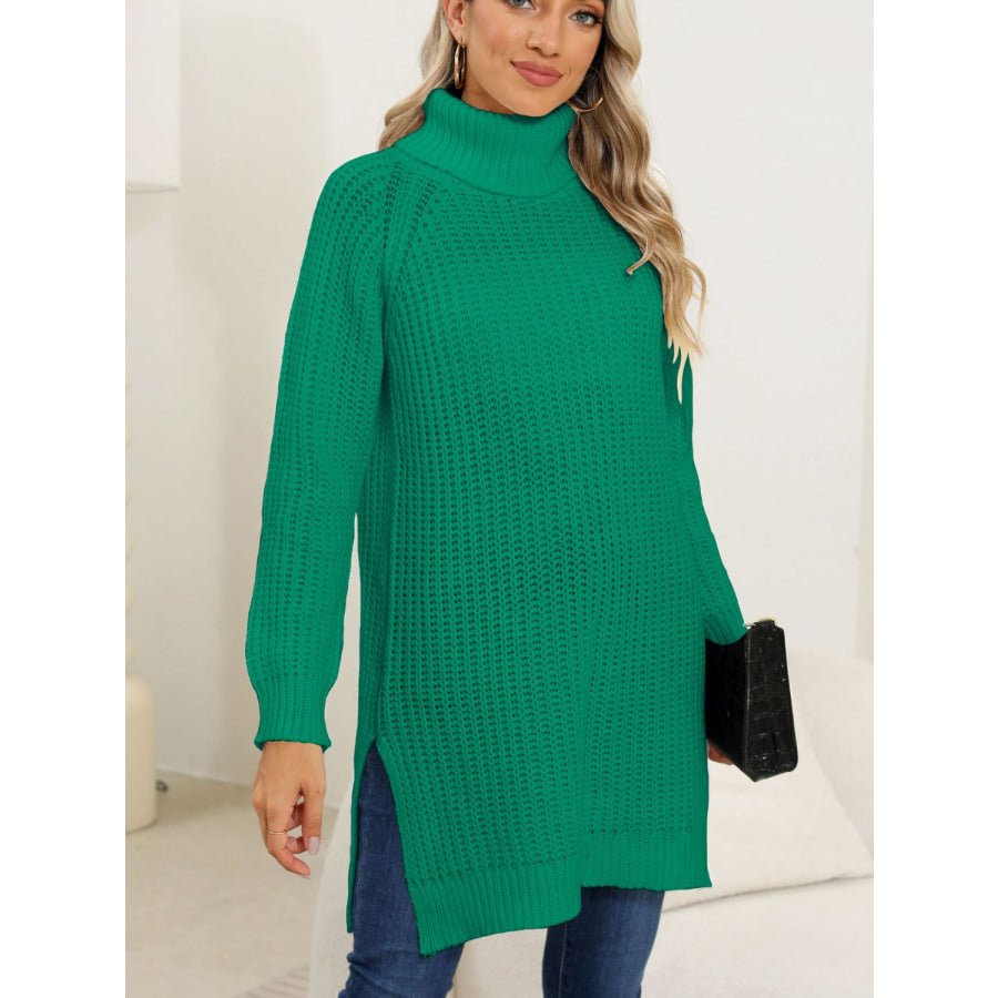 Slit Turtleneck Long Sleeve Sweater Apparel and Accessories