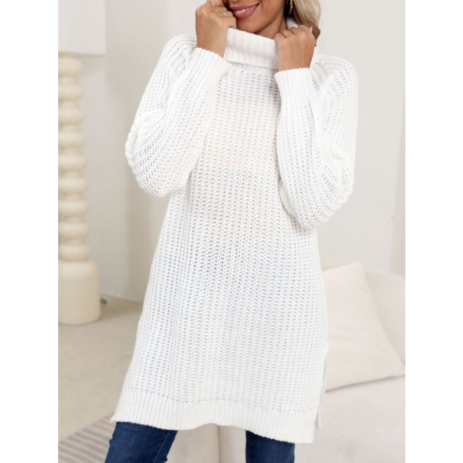 Slit Turtleneck Long Sleeve Sweater Apparel and Accessories