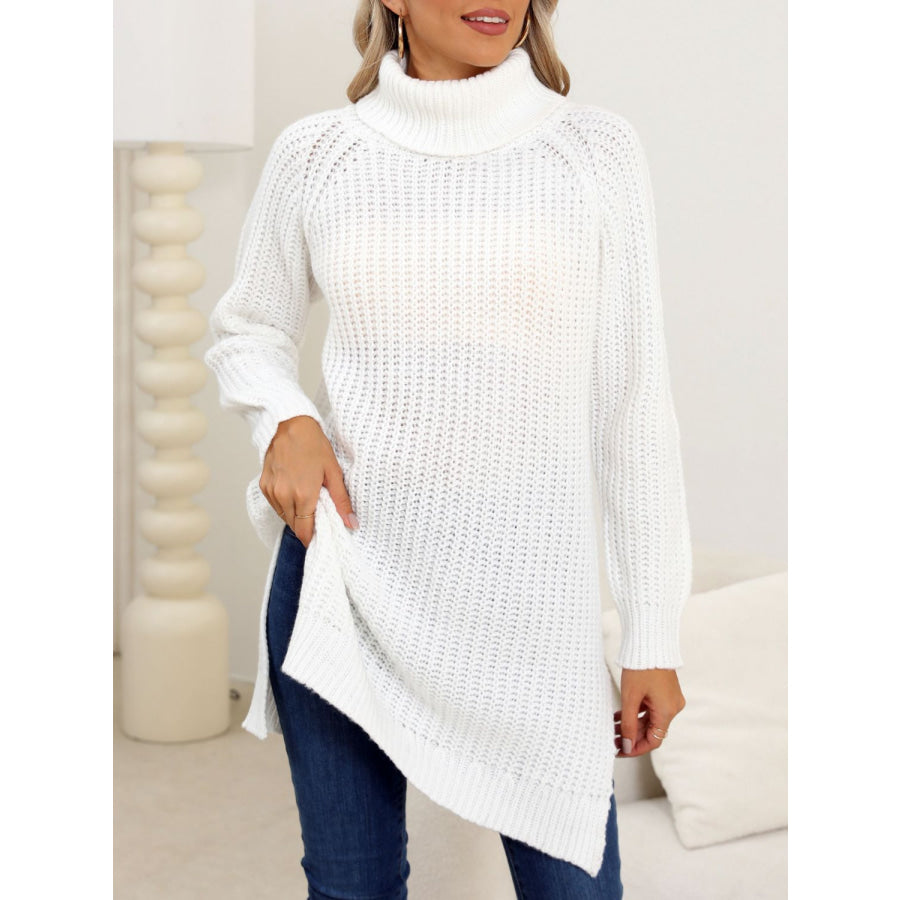 Slit Turtleneck Long Sleeve Sweater Apparel and Accessories