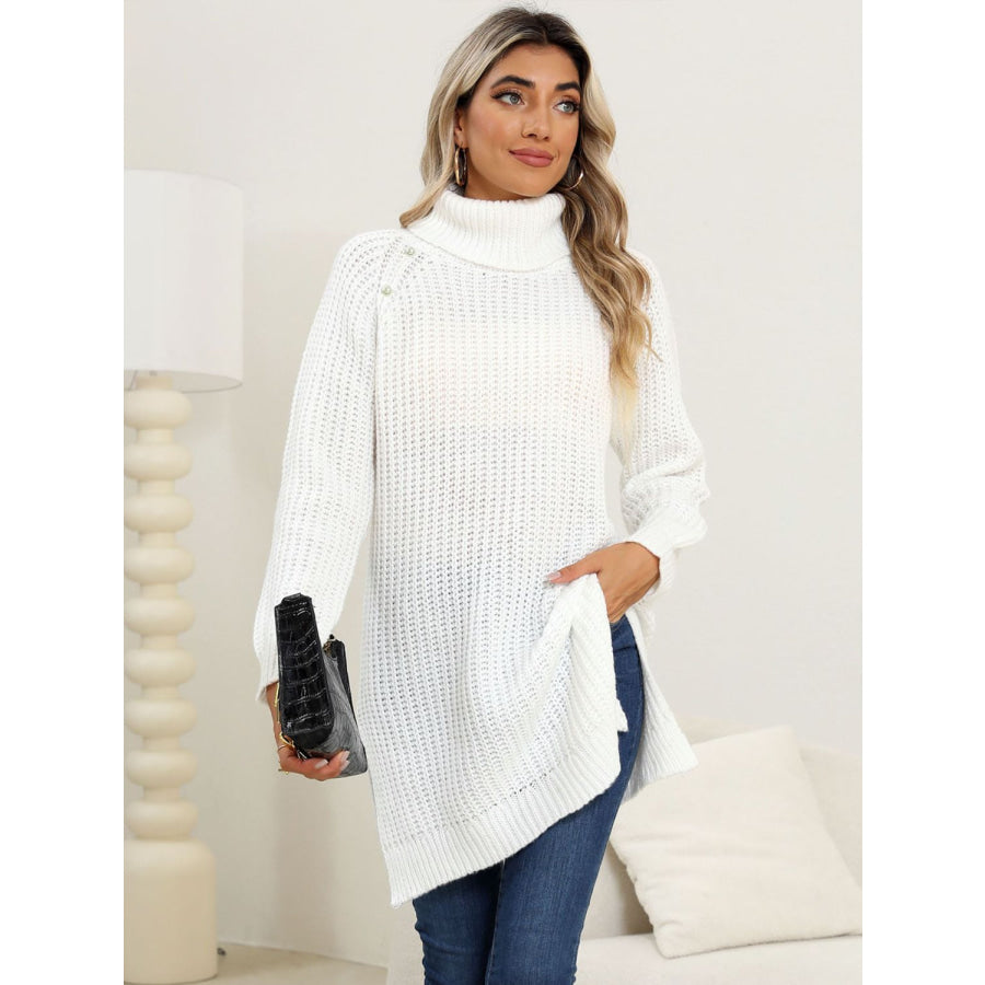 Slit Turtleneck Long Sleeve Sweater Apparel and Accessories