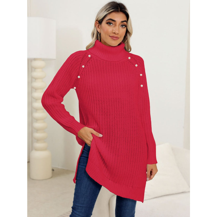 Slit Turtleneck Long Sleeve Sweater Deep Red / S Apparel and Accessories