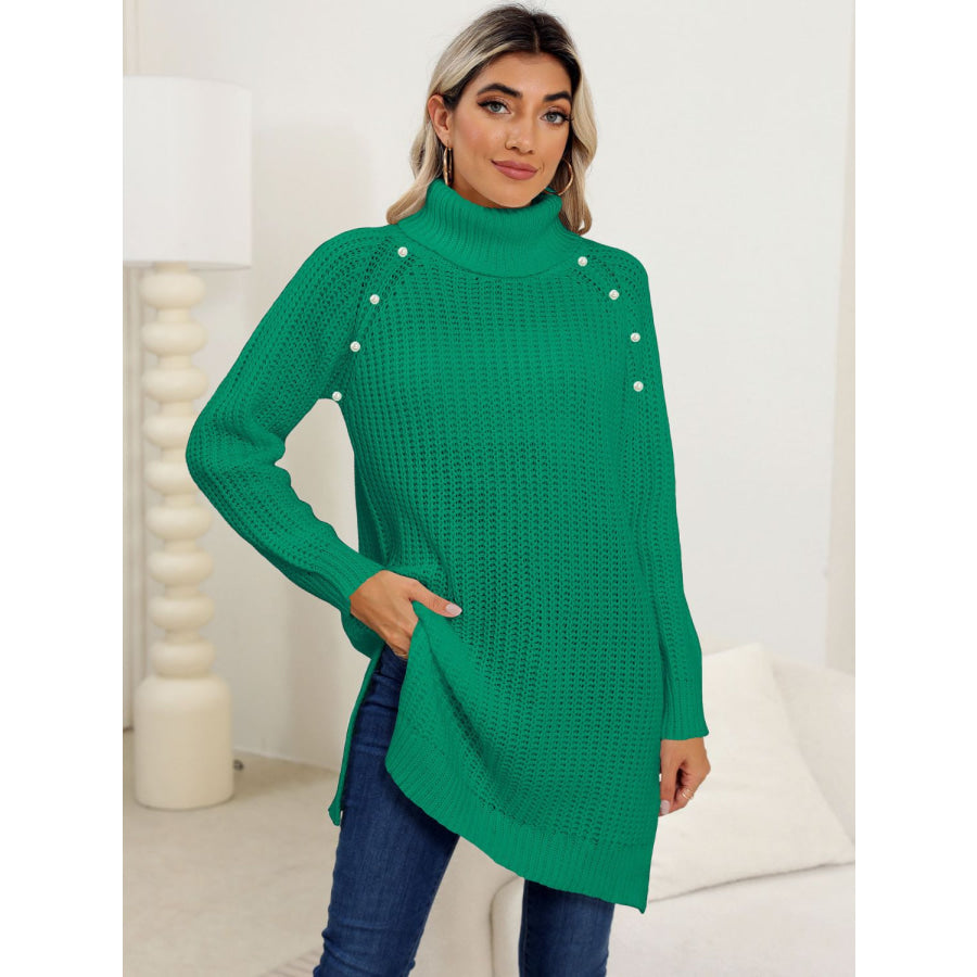 Slit Turtleneck Long Sleeve Sweater Green / S Apparel and Accessories