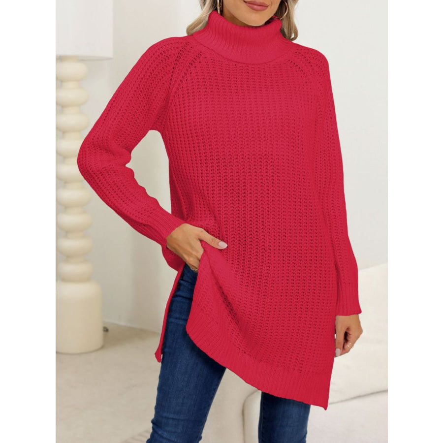 Slit Turtleneck Long Sleeve Sweater Scarlet / S Apparel and Accessories