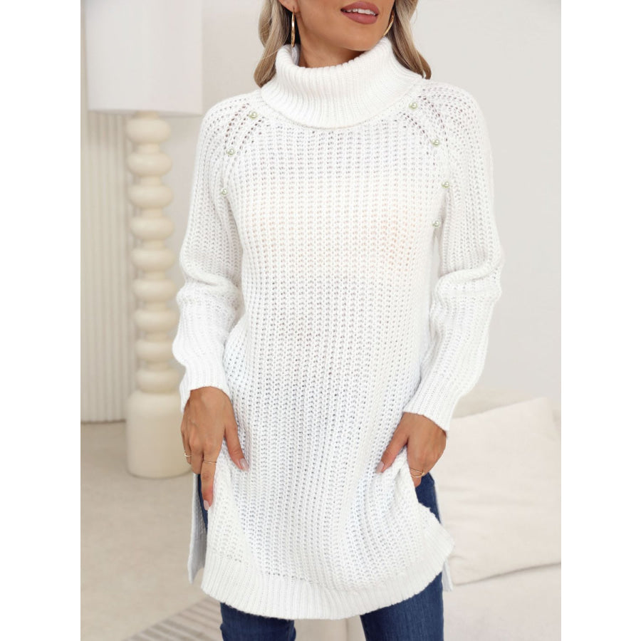 Slit Turtleneck Long Sleeve Sweater White / S Apparel and Accessories