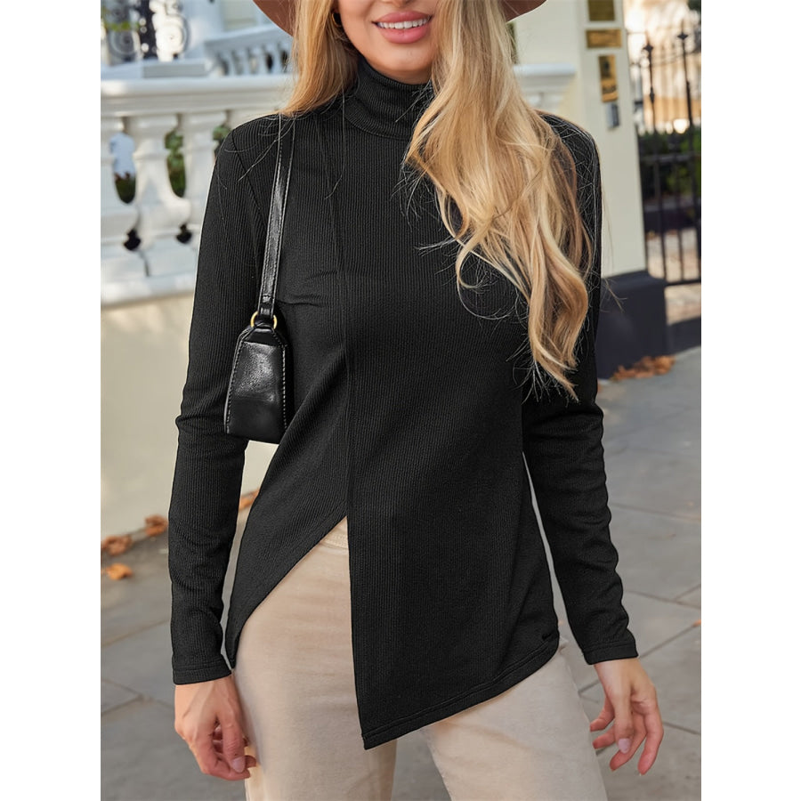 Slit Turtleneck Long Sleeve T-Shirt Apparel and Accessories