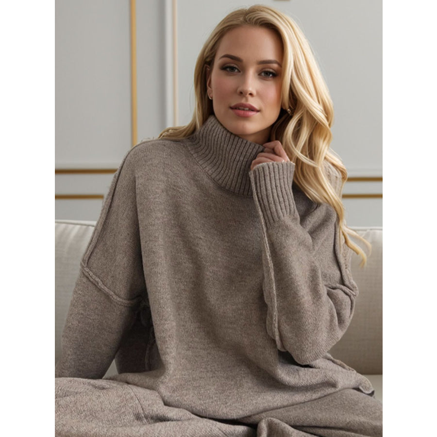 Slit Turtleneck Long Sleeve Top and Pants Sweater Set Apparel and Accessories