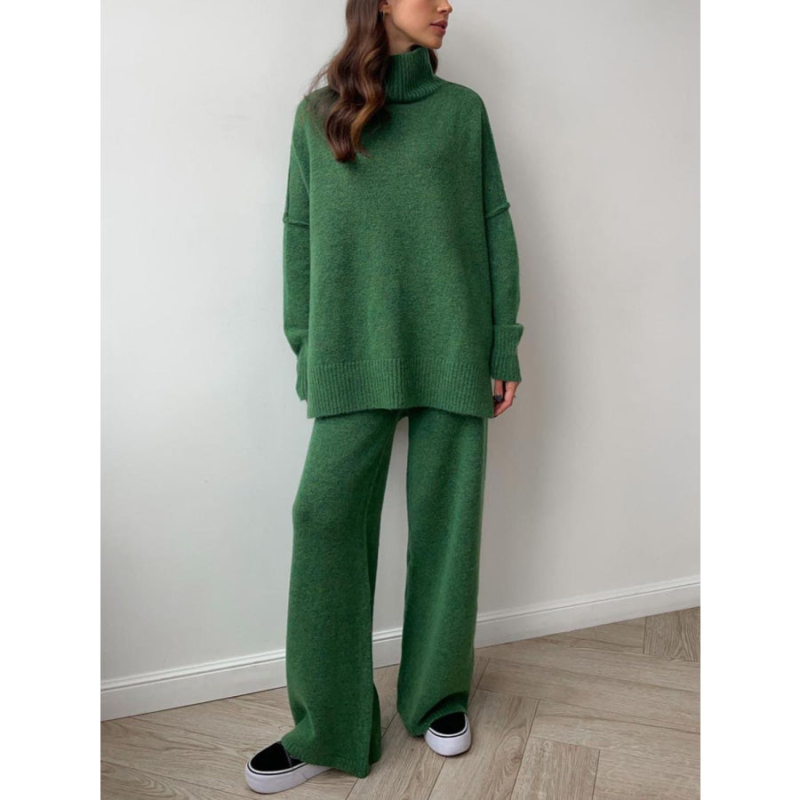 Slit Turtleneck Long Sleeve Top and Pants Sweater Set Apparel and Accessories