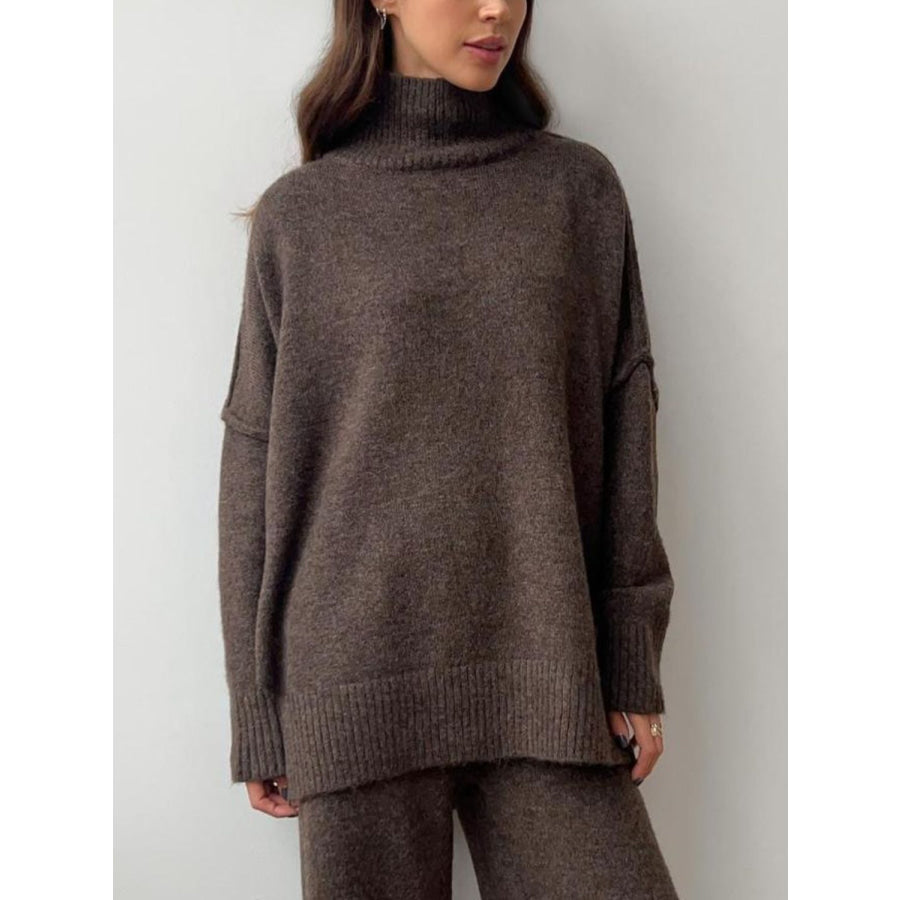 Slit Turtleneck Long Sleeve Top and Pants Sweater Set Apparel and Accessories