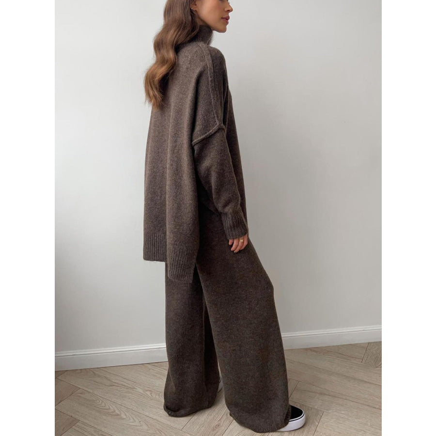 Slit Turtleneck Long Sleeve Top and Pants Sweater Set Apparel and Accessories