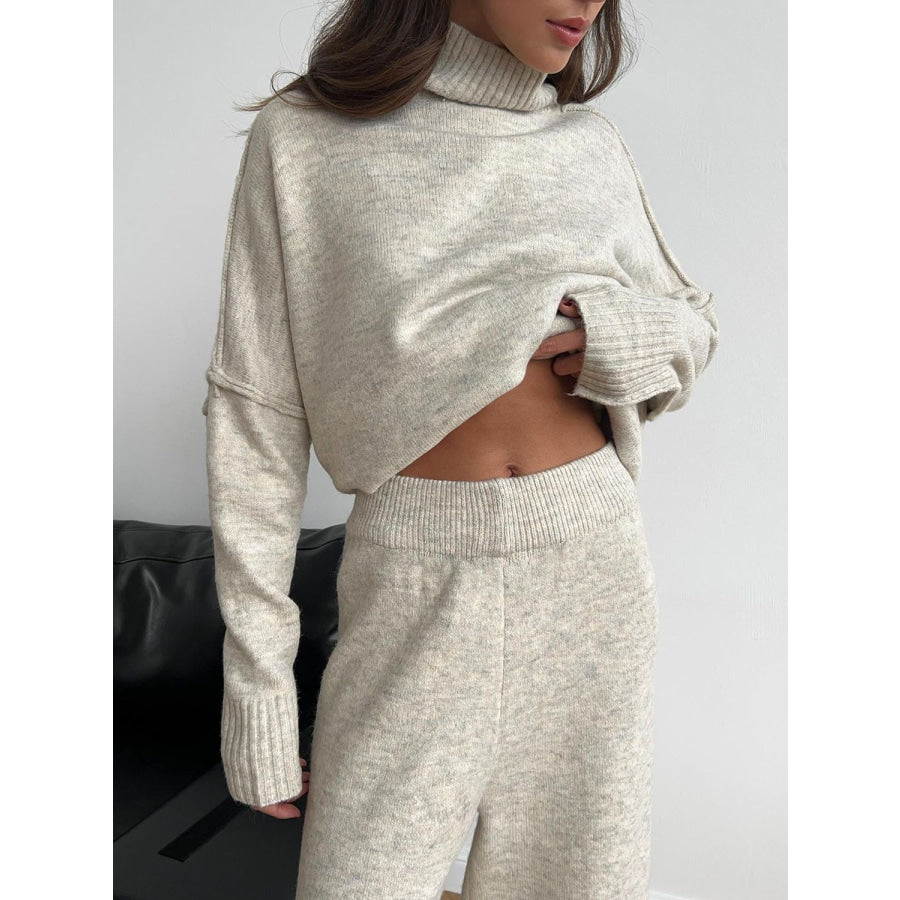 Slit Turtleneck Long Sleeve Top and Pants Sweater Set Apparel and Accessories