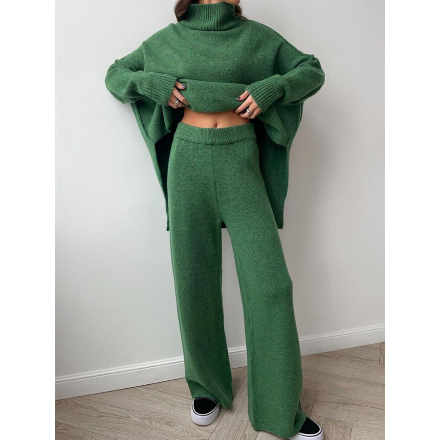 Slit Turtleneck Long Sleeve Top and Pants Sweater Set Apparel and Accessories