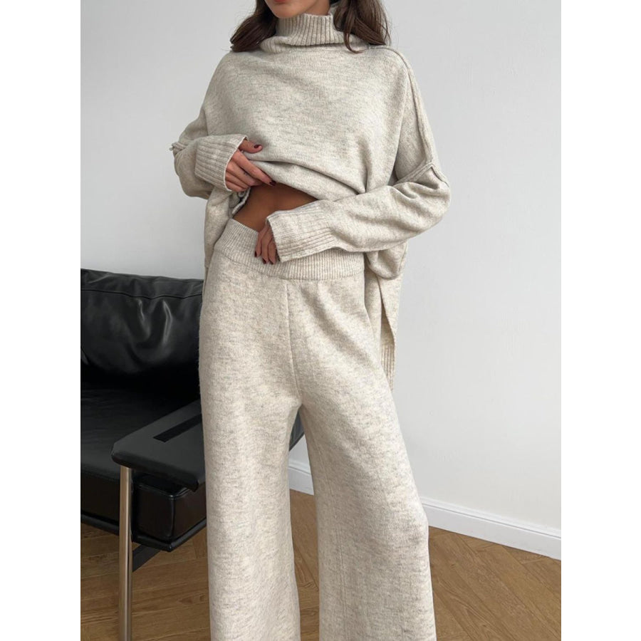 Slit Turtleneck Long Sleeve Top and Pants Sweater Set Apparel and Accessories