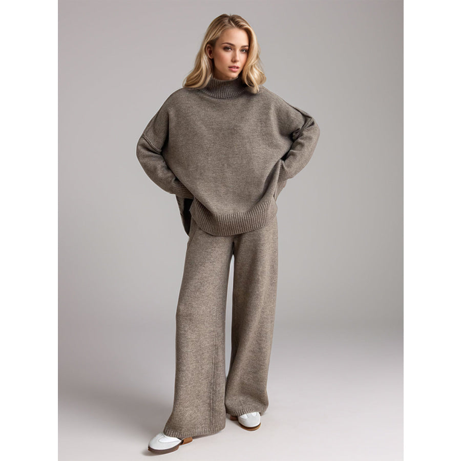 Slit Turtleneck Long Sleeve Top and Pants Sweater Set Apparel and Accessories