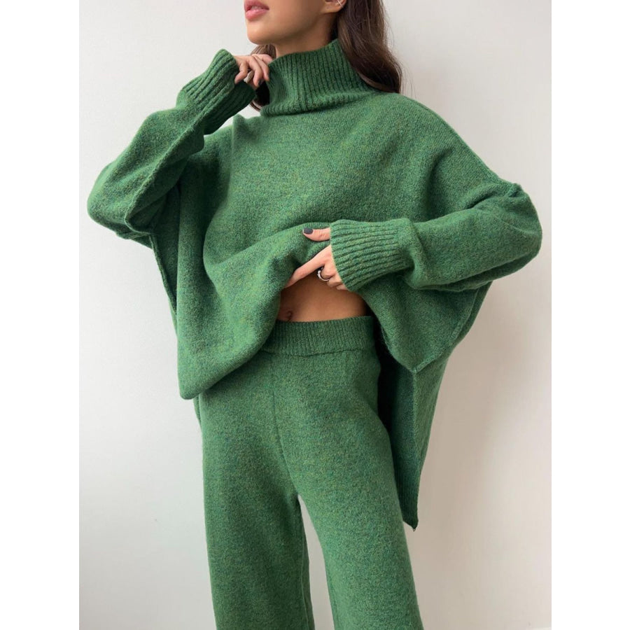 Slit Turtleneck Long Sleeve Top and Pants Sweater Set Apparel and Accessories