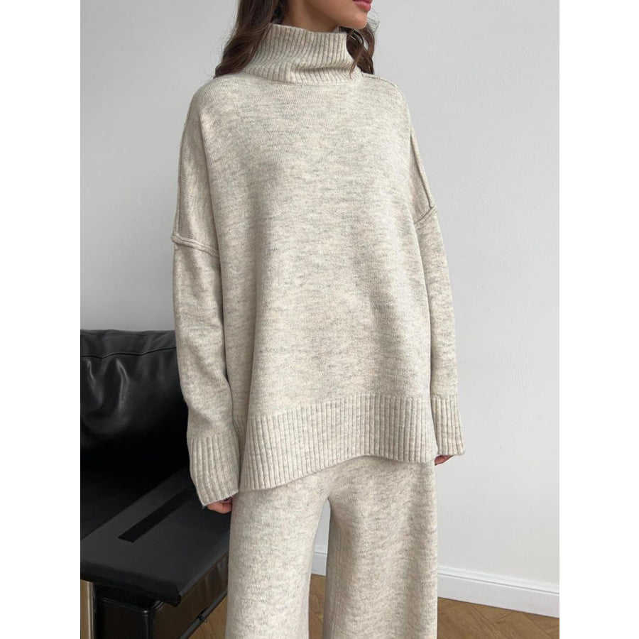 Slit Turtleneck Long Sleeve Top and Pants Sweater Set Beige / One Size Apparel and Accessories