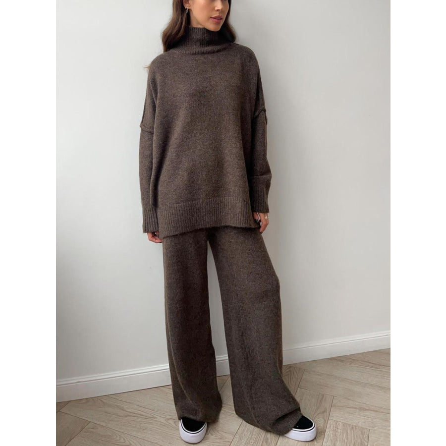 Slit Turtleneck Long Sleeve Top and Pants Sweater Set Coffee Brown / One Size Apparel and Accessories