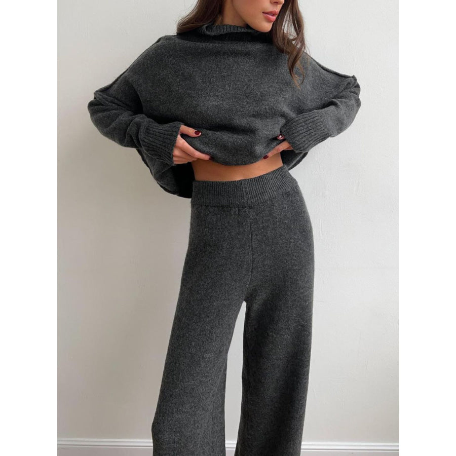 Slit Turtleneck Long Sleeve Top and Pants Sweater Set Dark Gray / One Size Apparel and Accessories