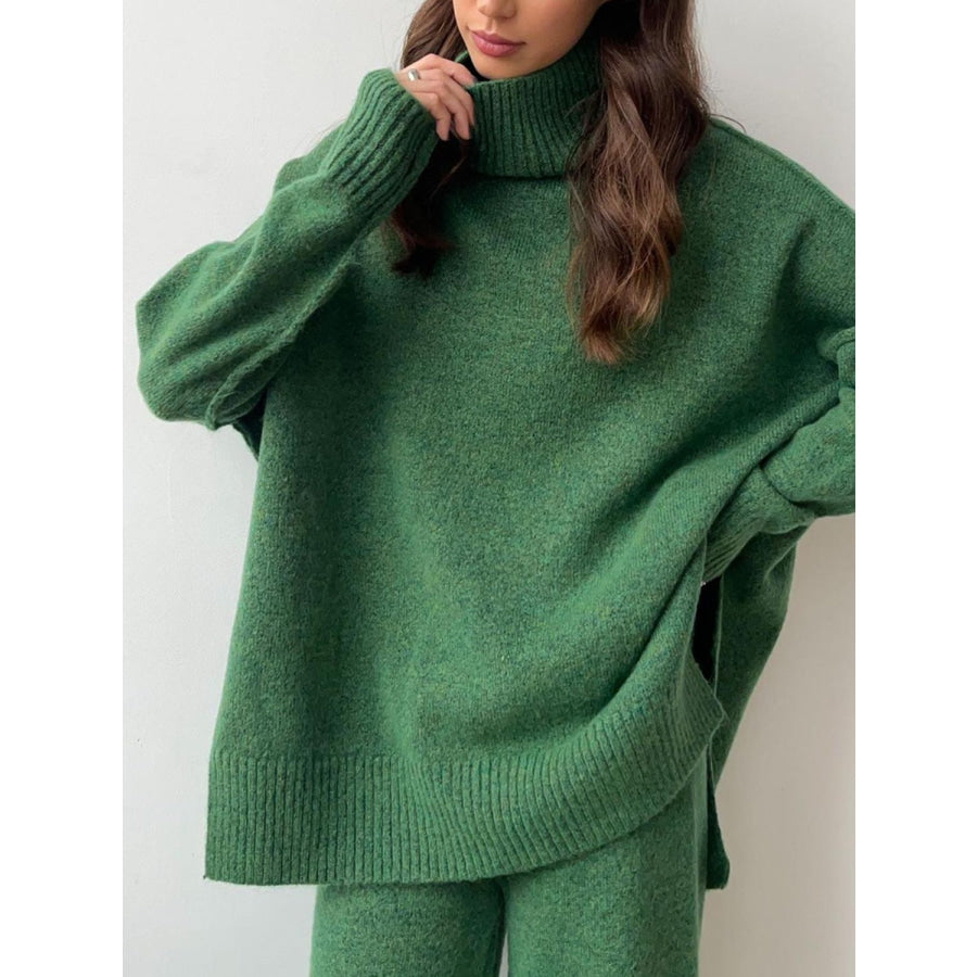 Slit Turtleneck Long Sleeve Top and Pants Sweater Set Dark Green / One Size Apparel and Accessories