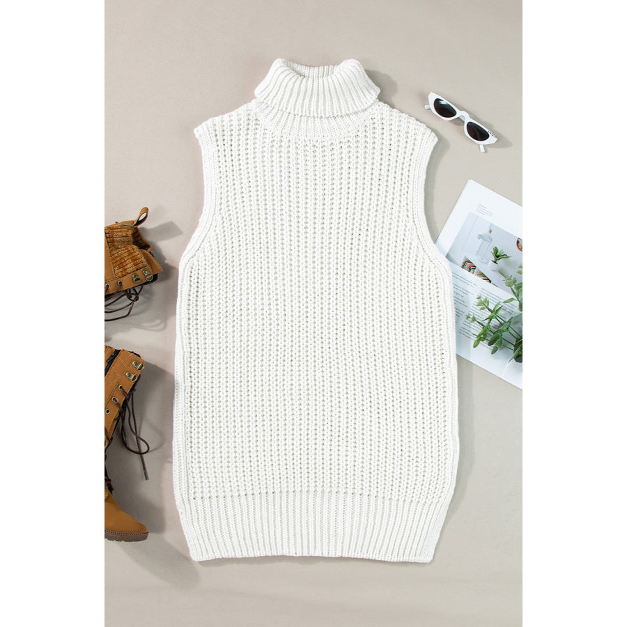 Slit Turtleneck Sleeveless Sweater Vest Apparel and Accessories