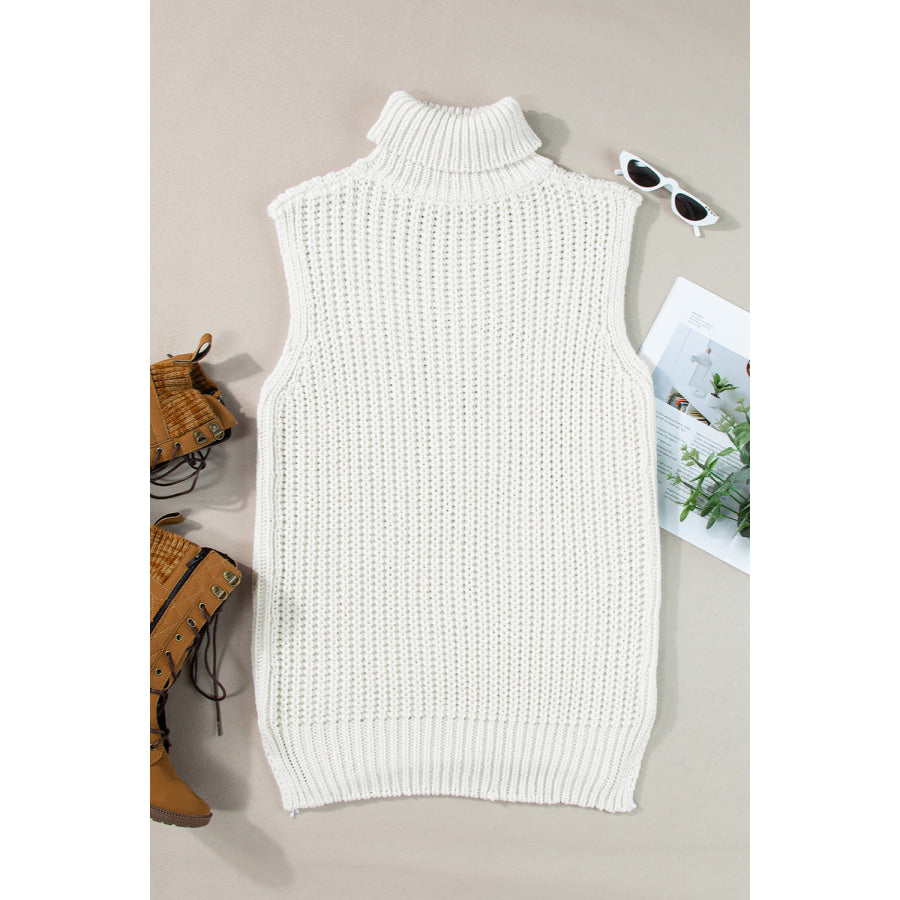 Slit Turtleneck Sleeveless Sweater Vest Apparel and Accessories