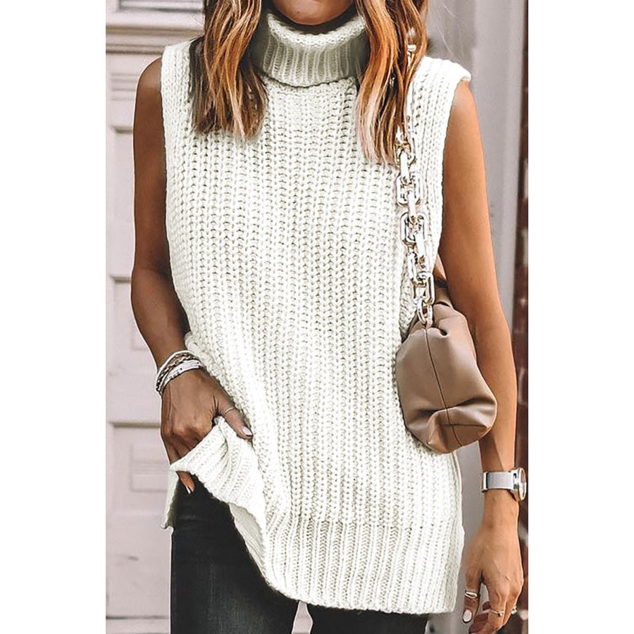 Slit Turtleneck Sleeveless Sweater Vest White / S Apparel and Accessories