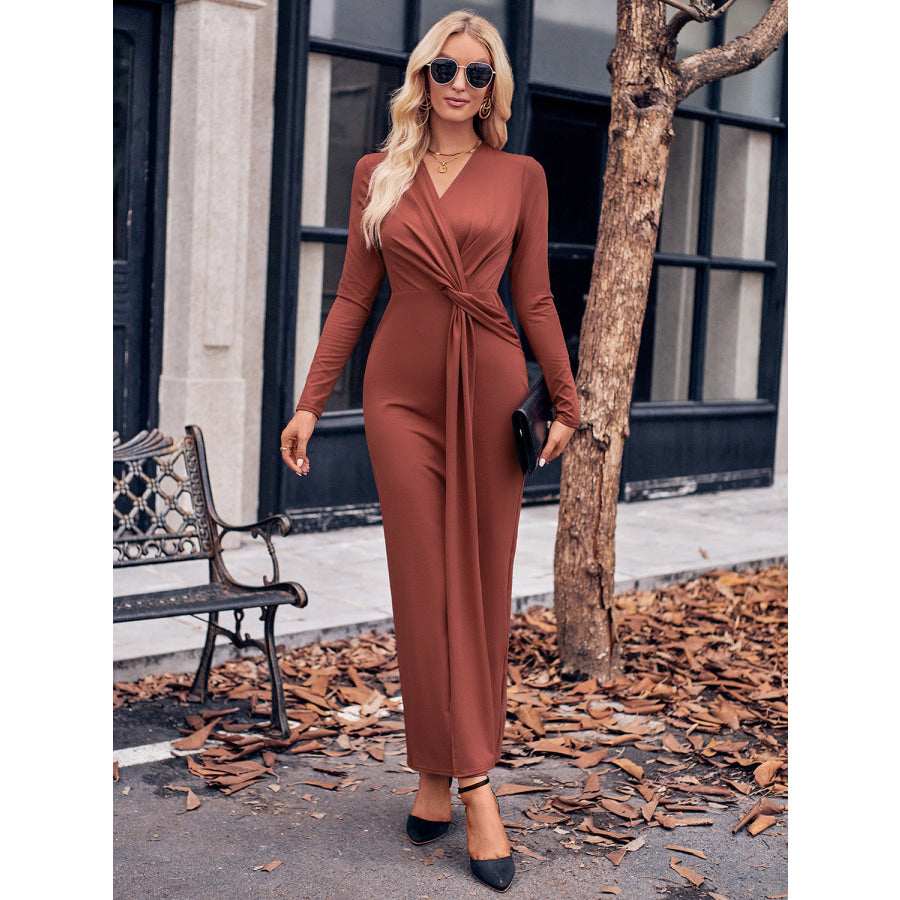Slit Twisted Surplice Long Sleeve Dress Apparel and Accessories