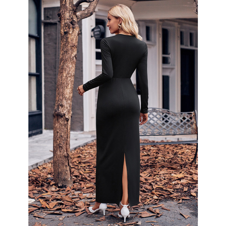 Slit Twisted Surplice Long Sleeve Dress Apparel and Accessories
