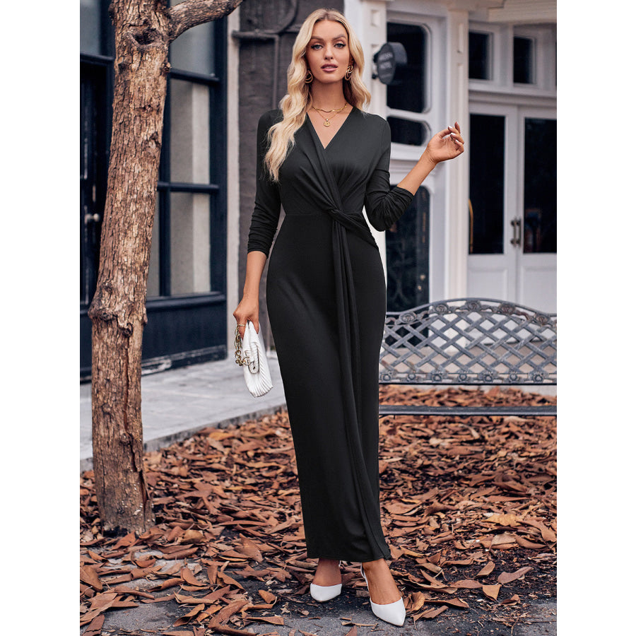 Slit Twisted Surplice Long Sleeve Dress Apparel and Accessories