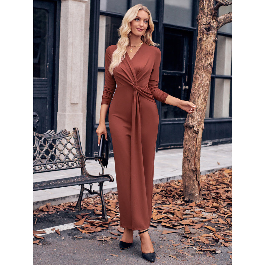 Slit Twisted Surplice Long Sleeve Dress Apparel and Accessories