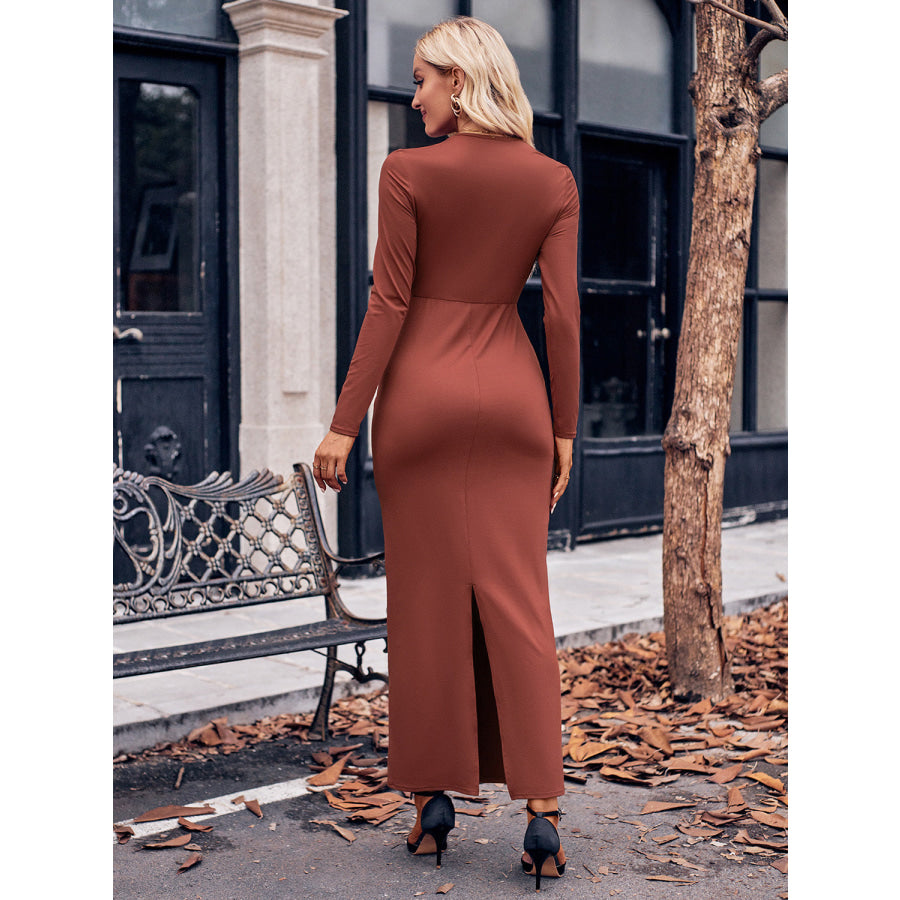 Slit Twisted Surplice Long Sleeve Dress Apparel and Accessories