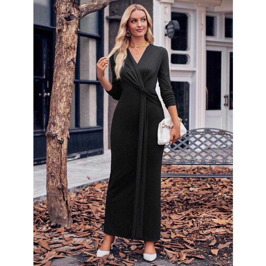 Slit Twisted Surplice Long Sleeve Dress Black / S Apparel and Accessories