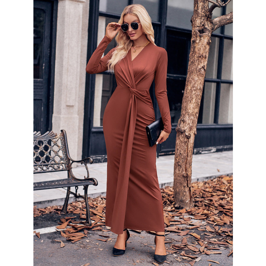Slit Twisted Surplice Long Sleeve Dress Terracotta / S Apparel and Accessories