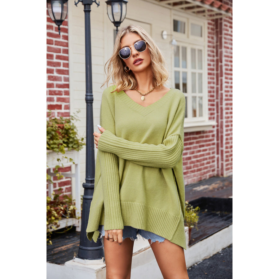 Slit V-Neck Dropped Shoulder Sweater Apparel and Accessories