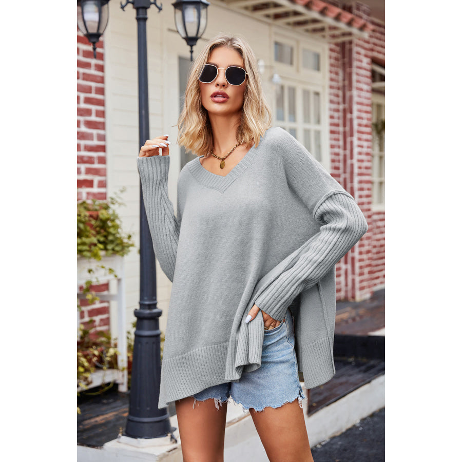 Slit V-Neck Dropped Shoulder Sweater Apparel and Accessories