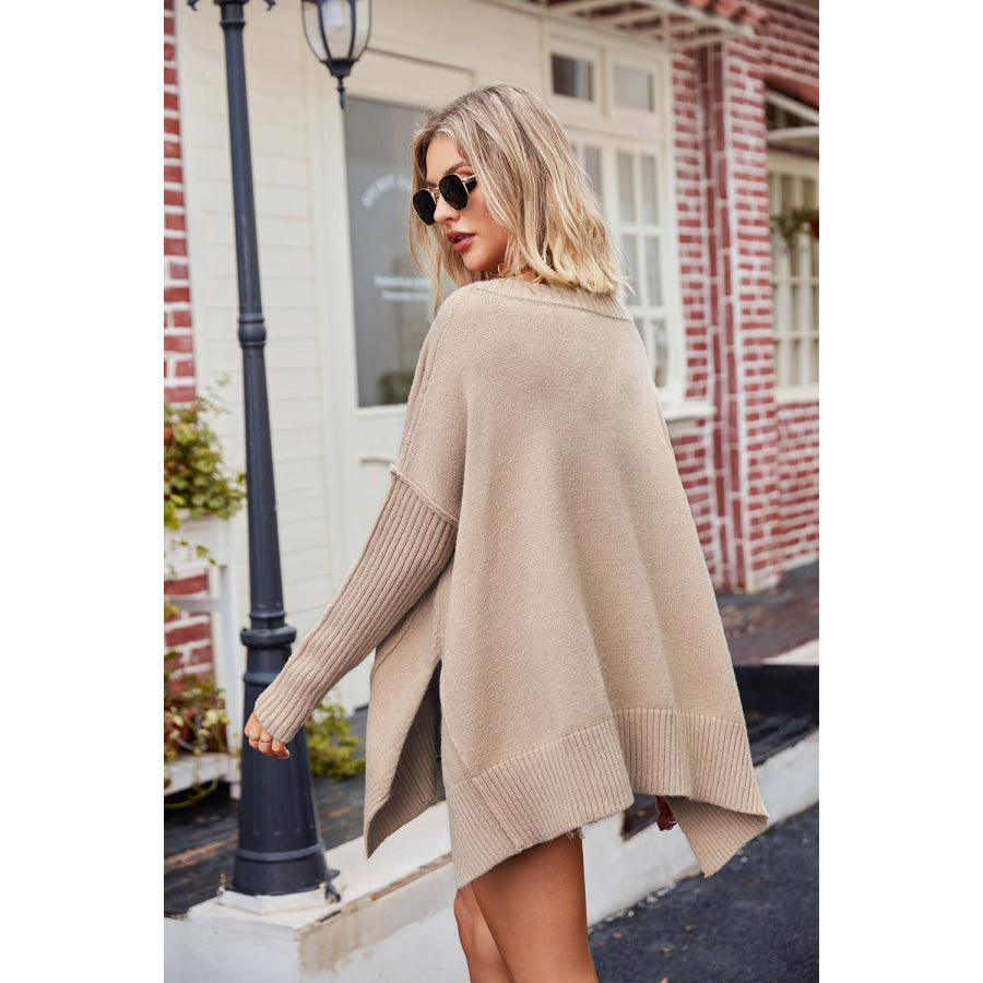 Slit V-Neck Dropped Shoulder Sweater Apparel and Accessories