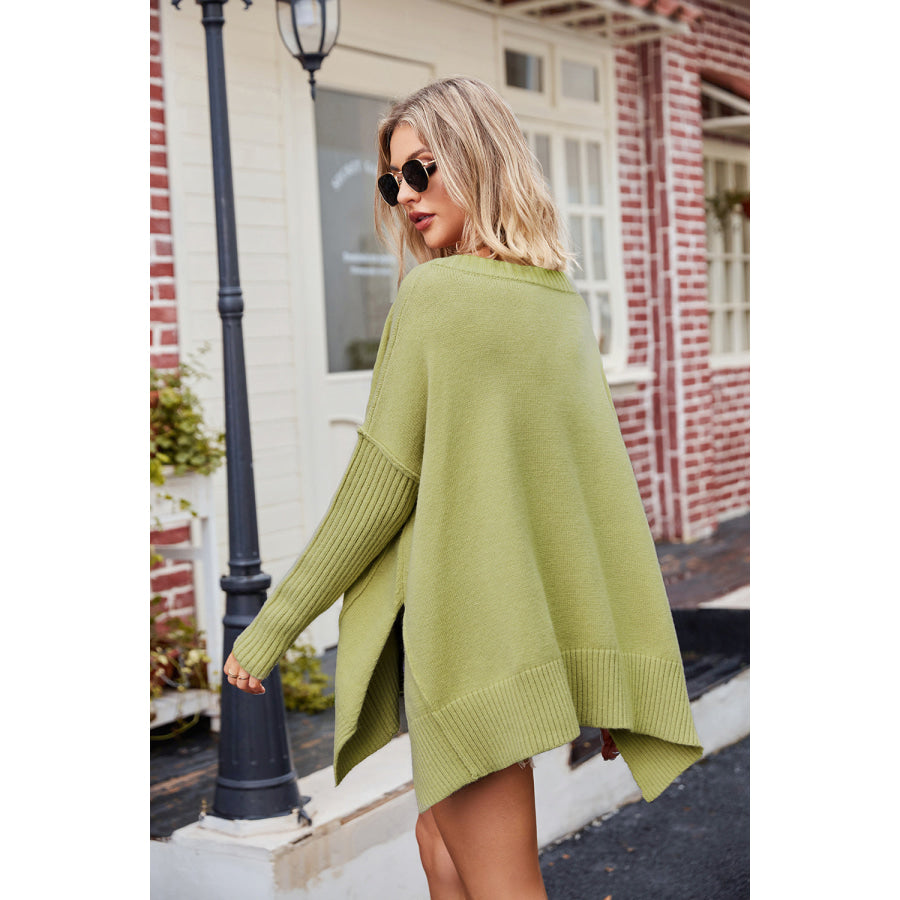 Slit V-Neck Dropped Shoulder Sweater Apparel and Accessories