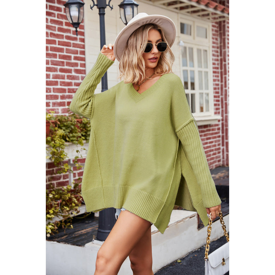 Slit V-Neck Dropped Shoulder Sweater Apparel and Accessories