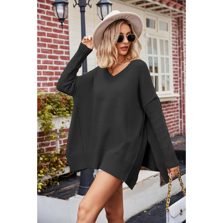 Slit V-Neck Dropped Shoulder Sweater Apparel and Accessories