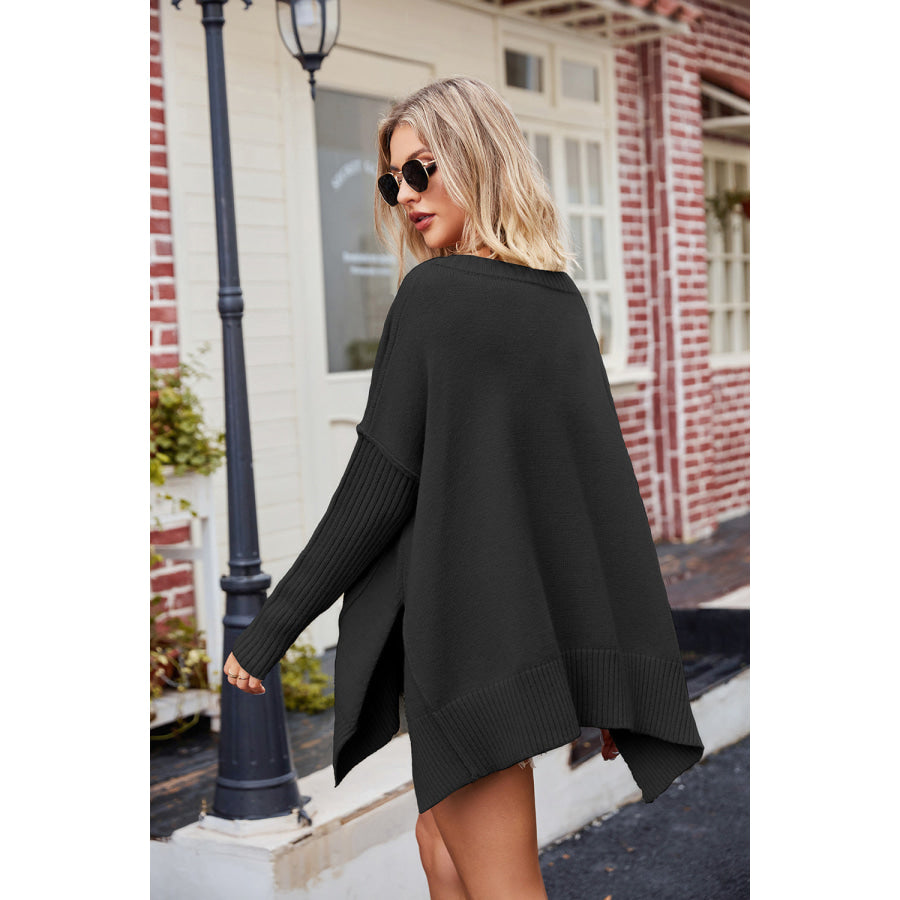 Slit V-Neck Dropped Shoulder Sweater Apparel and Accessories