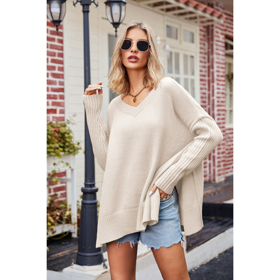 Slit V-Neck Dropped Shoulder Sweater Apparel and Accessories